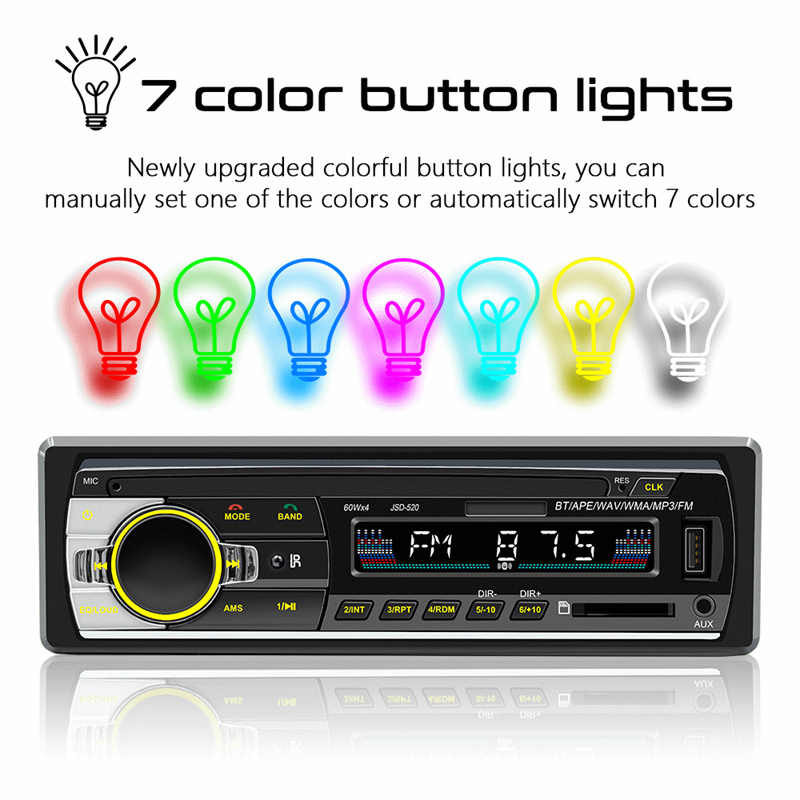 Car Radio Stereo Player 7 Color Digital Bluetooth MP3 Player JSD520 FM Audio Stereo Music USB/SD with In Dash AUX Input