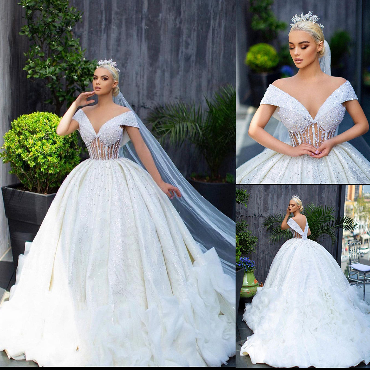 Luxurious Ball Gown Wedding Dresses V-neck Off the Shoulder Backless with Shining Beaded Illusion Bodice Court Gown Custom Made Plus Side Vestidos De Novia, Silver
Luxurious Ball Gown Wedding Dresses V-neck Off the Shoulder Backless with Shining Beaded Illusion Bodice Court Gown Custom Made Plus Side Vestidos De Novia, Silver
