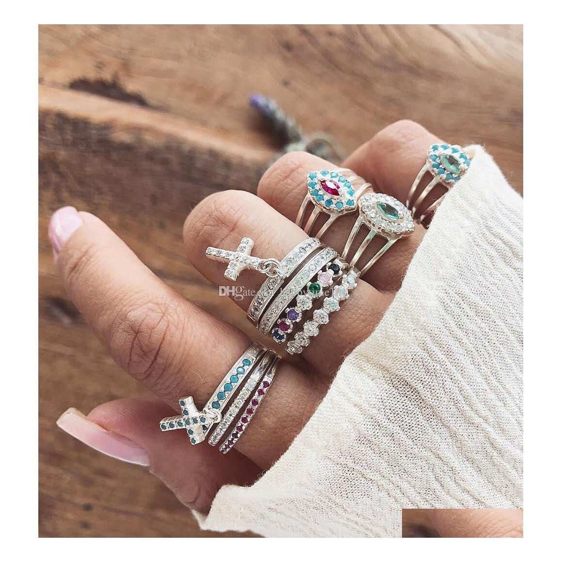 Cluster Rings 10Pcs/Set Bohemia Style Horse Eye Cross Rhinestone Knuckel Rings Women Boho Ring Sets Female Summer Beach Jewelry Drop Dhvjt