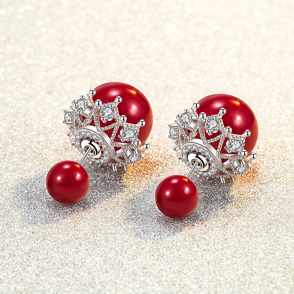 S925 Sterling Silver Stud Earrings Luxury Pearl Lace Crystal Double Side OL Love Designer Ear Rings Earring Earing Jewelry