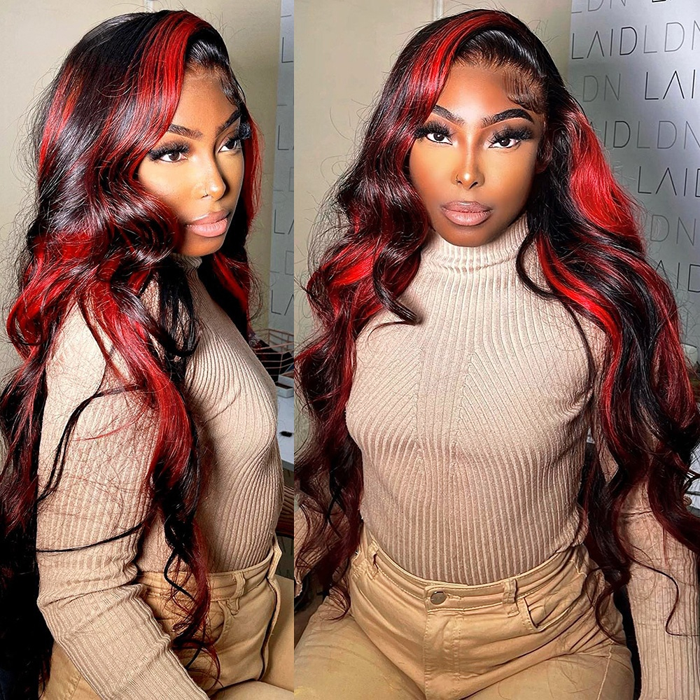 Free shipping Highlight Transparent Frontal 200% Density Brazilian Wavy 13X4 Lace Front Human Hair Wigs Red Colored Synthetic