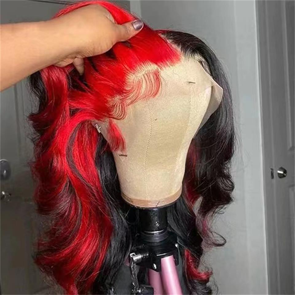 Ombre Highlight Red Black Colored Wigs Hd Transparent Lace Frontal Wig Body Wave Human Hair Pre Plucked 13x4 Lace Front Synthetic Wig