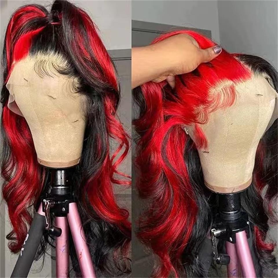 Ombre Highlight Red Black Colored Wigs Hd Transparent Lace Frontal Wig Body Wave Human Hair Pre Plucked 13x4 Lace Front Synthetic Wig