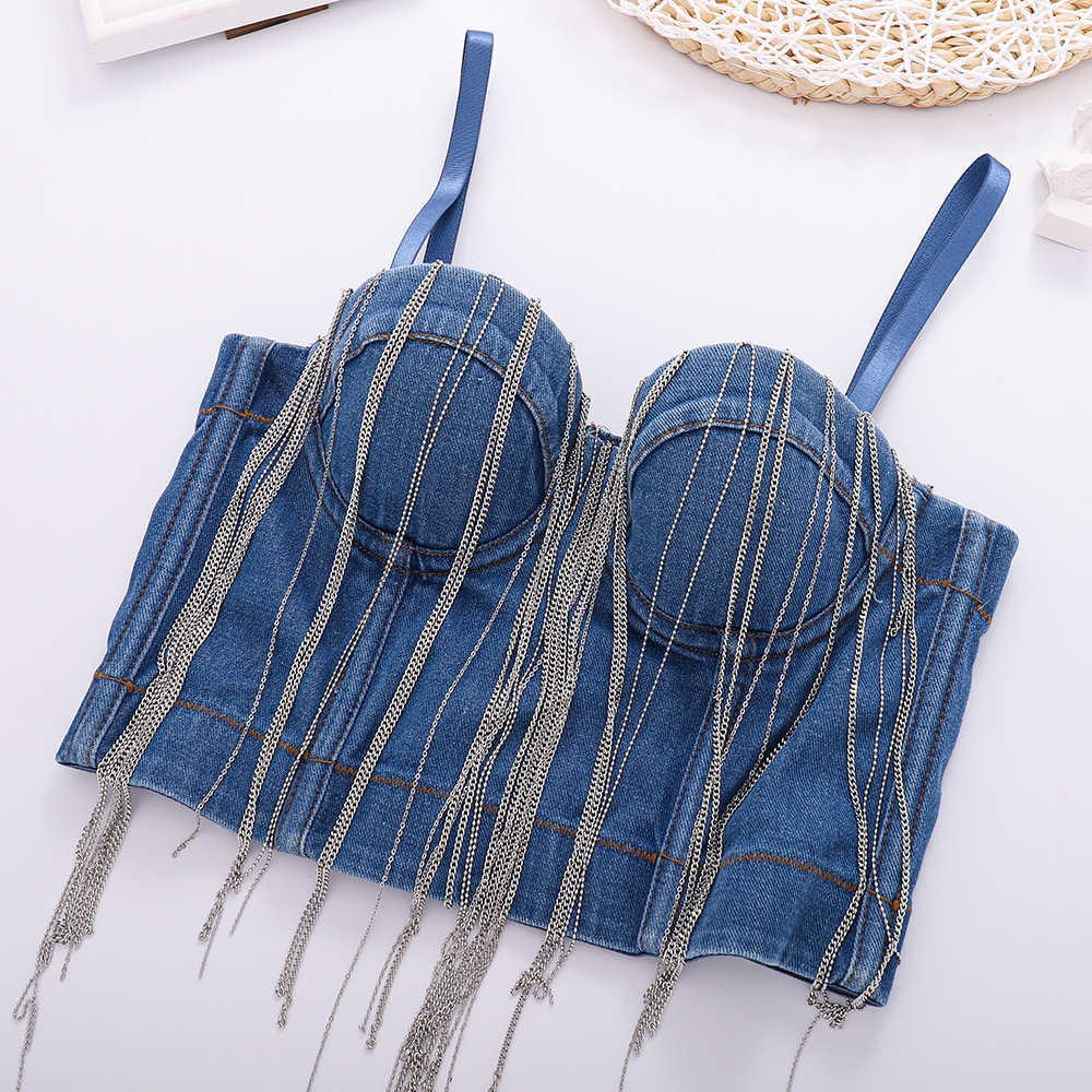 Tassel chain sling denim bra put on outside gather the side breasts have steel rings short detachable shoulder straps to wrap the chest, Denim blue
Tassel chain sling denim bra put on outside gather the side breasts have steel rings short detachable shoulder straps to wrap the chest, Denim blue