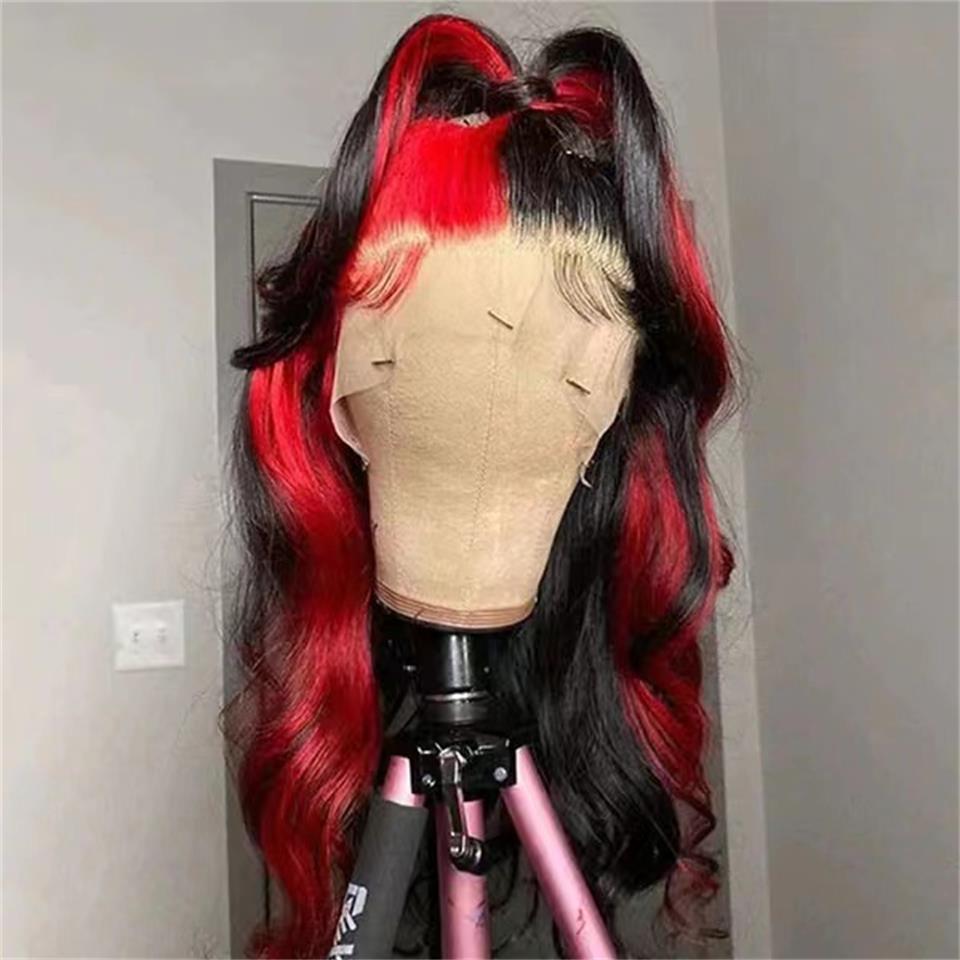 Ombre Highlight Red Black Colored Wigs Hd Transparent Lace Frontal Wig Body Wave Human Hair Pre Plucked 13x4 Lace Front Synthetic Wig