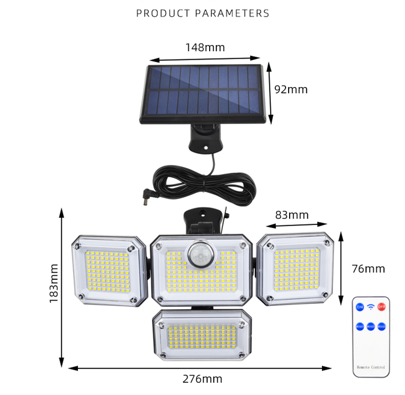 Solar Wall Lights With Remote Control PIR Motion Sensor 333LED Waterproof Spotlight Exterior Garage Lighting