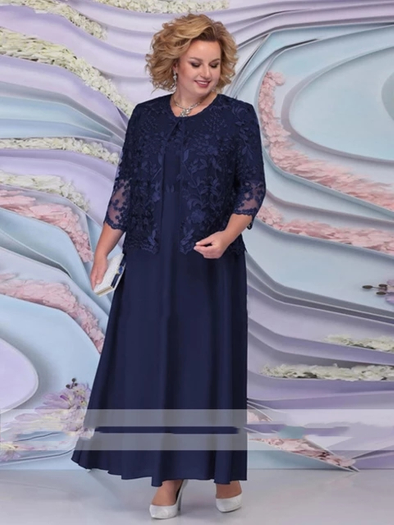 Plus Size Mother Of The Bride Dresses Suits With Lace Jacket 3/4 Long Sleeves Ankle Length Groom Mom Wedding Party Gowns Crew Neck Elegant Evening Pro