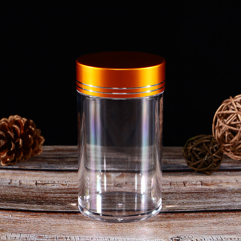 Clear Plastic Packaging Jar Acrylic Candy Food Can with Gold Lid 60ml 100ml Medicine Bottle for Health Products