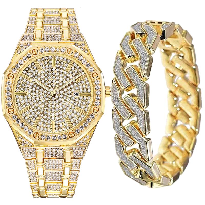 Wristwatches Watch With Bracelet For Men Cuban Chain Charm Iced Out Simple Diamond Gold Set Jewelry Gift, 8dian gold