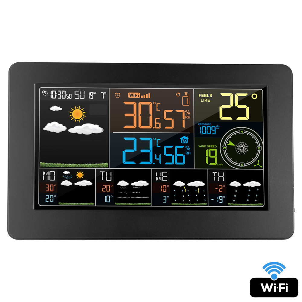 Wifi Weather Station Digital Wall Clock Alarm Outdoor Temperature Humidity Pressure Wind Direction Speed Weather Forecast Wireless