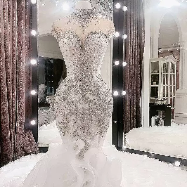 Designer Mermaid Wedding Dresses Bridal Gown High Neck Beaded Ruffles Lace Applique Custom Made Sweep Train Plus Size