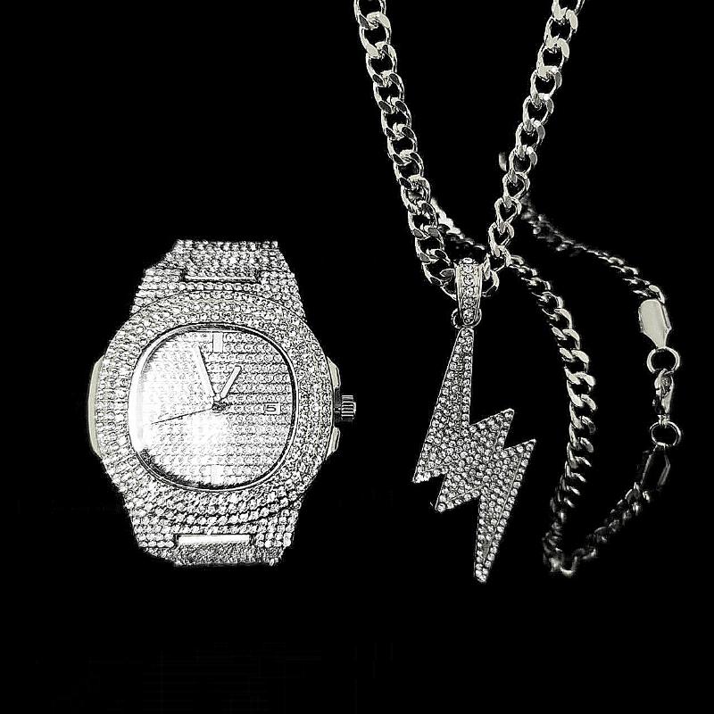 Wristwatches 2pcs Iced Out Watch Necklace For Men Luxury Diamond Bling Jewelry Set Mens Gold Quartz Drop Reloj Hombre, A sliver 2pcs
Wristwatches 2pcs Iced Out Watch Necklace For Men Luxury Diamond Bling Jewelry Set Mens Gold Quartz Drop Reloj Hombre, A sliver 2pcs