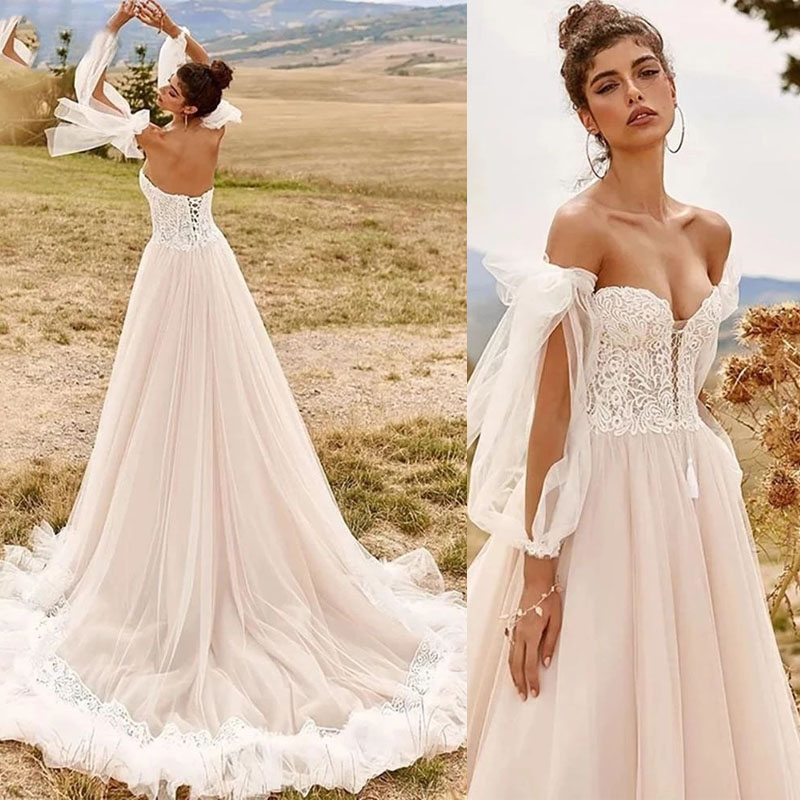 Boho Sweetheart A-Line Wedding Dresses With Detachable Sleeves Bridal Gowns Corset Tulle Court Train Vestidos De Novia, Ivory
Boho Sweetheart A-Line Wedding Dresses With Detachable Sleeves Bridal Gowns Corset Tulle Court Train Vestidos De Novia, Ivory