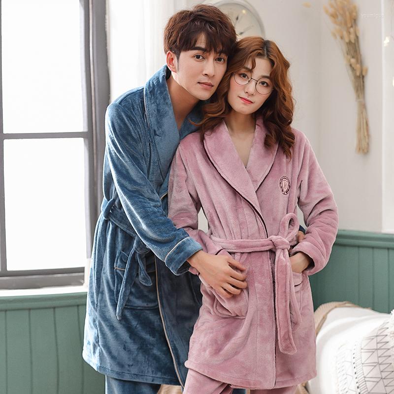 

Men's Sleepwear Couples Nightgown Thick Coral Fleece Men's Bathrobe Pants 2pcs Kimono Pajama Women Sexy Robe Home Service Lovers, Lx-98326