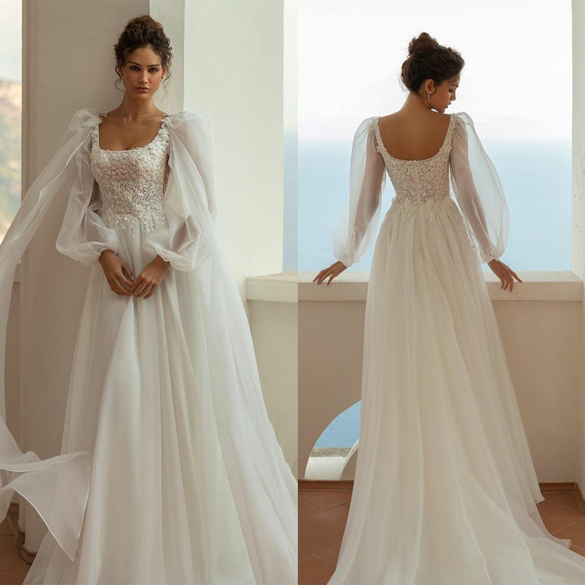 Elegant A-Line Wedding Dresses Square Neck Beads Appliques Lace Bridal Gowns Custom Made Long Sleeves Sweep Train Robe de Mariage, Champagne
Elegant A-Line Wedding Dresses Square Neck Beads Appliques Lace Bridal Gowns Custom Made Long Sleeves Sweep Train Robe de Mariage, Champagne