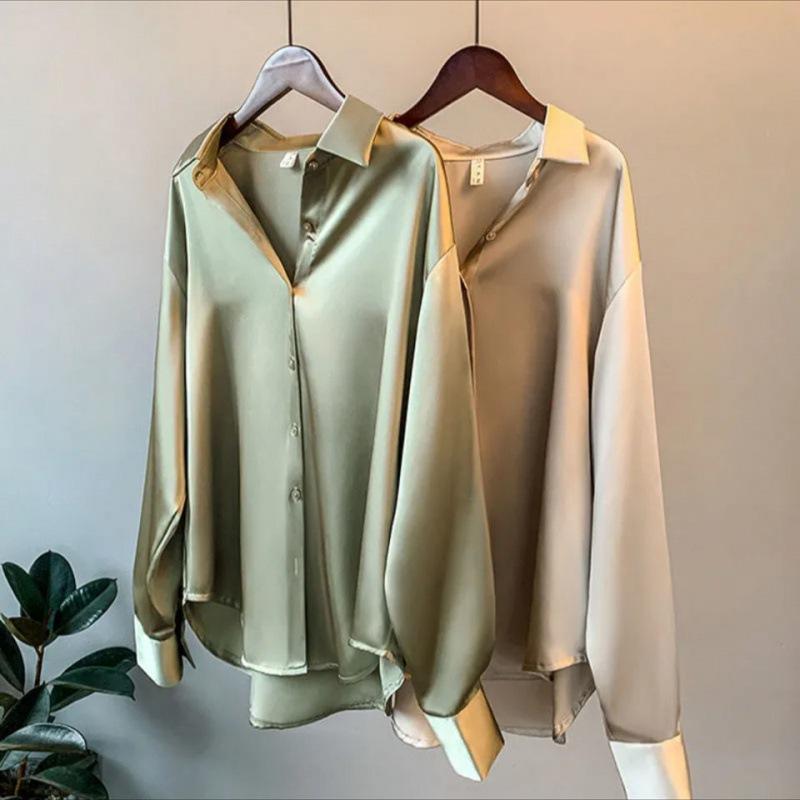 

Women's Blouses & Shirts Satin Shirt Womens Clothing Silk Ovearsized Vintage Blouse Office Lady Sheer Top Longsleeve Dress Ladies Overshirt, Army green