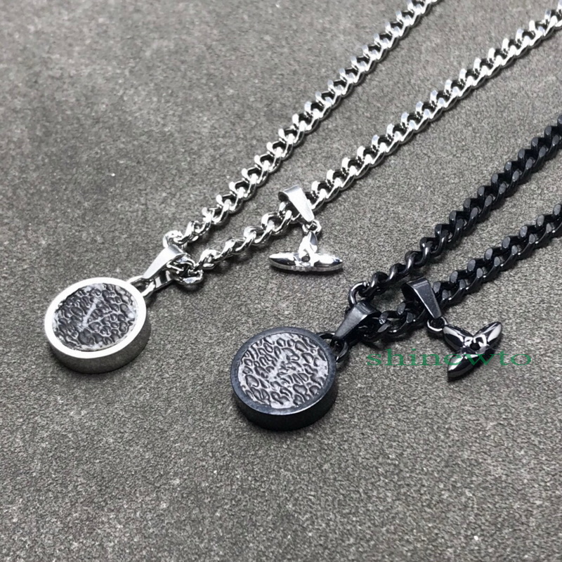 Europe America Fashion Eclipse Pendant Necklace Men Women Lady Black Silver-colour Metal Engraved V Initials Flower With Leather Sweater Chain M00679