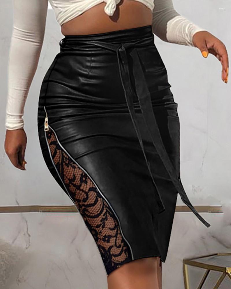 Skirts Women' Contrast Lace Zipper Detail Belted PU Leather Skirt Female Summer Black Casual Office 2022 Style
Skirts Women' Contrast Lace Zipper Detail Belted PU Leather Skirt Female Summer Black Casual Office 2022 Style
