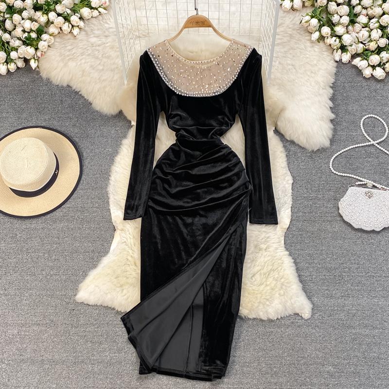 Casual Dresses Sexy Beading Mesh See Through Patchwork Long Dress Women Fashion O-neck Sleeve Draped Split Velvet Party Winter 2022, Black
Casual Dresses Sexy Beading Mesh See Through Patchwork Long Dress Women Fashion O-neck Sleeve Draped Split Velvet Party Winter 2022, Black