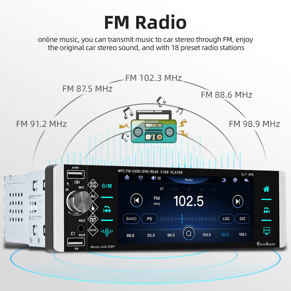MP5 Player Touch Car Radio FM 4-USB 5.1 Inches Support Android Mirrorlink Bluetooth Carplay Autoradio DVR