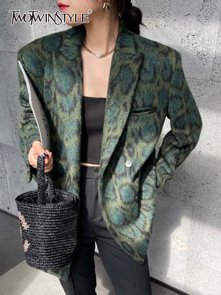 

Women' Suits Blazers TWOTWINSTYLE Green Leopard Graphic Female Blazer Notched Long Sleeve Temperament Colorblock Loose Coat Winter 221207