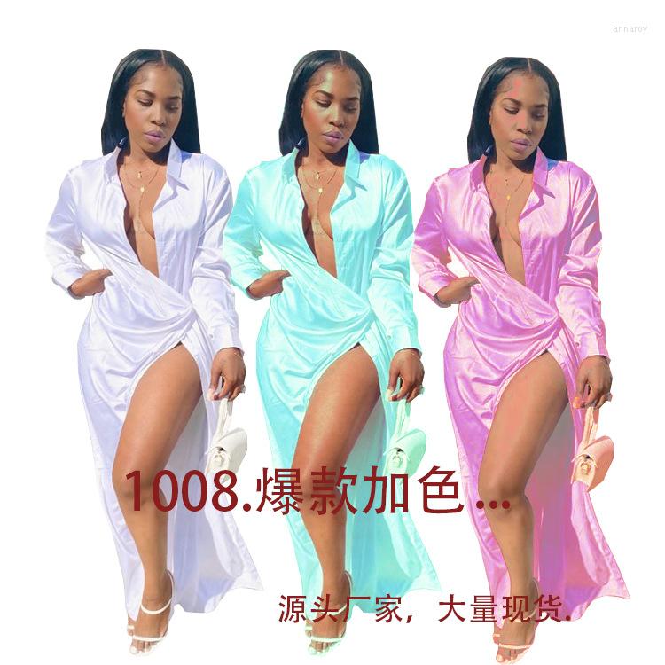 Casual Dresses Elegant Women Satin Long Sleeve High Side Split Slim Maxi Dress 2022 Summer Turn-down Neck Shirt Style White
Casual Dresses Elegant Women Satin Long Sleeve High Side Split Slim Maxi Dress 2022 Summer Turn-down Neck Shirt Style White