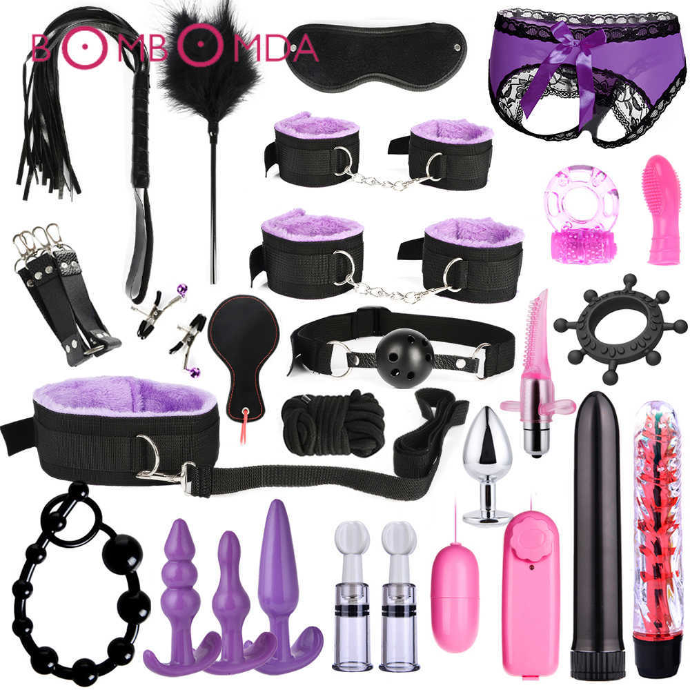 Sex toy Dildo BDSM Kits Adults Toys For Women Men Handcuffs Nipple Clamps Whip Spanking Metal Anal Plug Vibrator Butt Bdsm Bondage Set