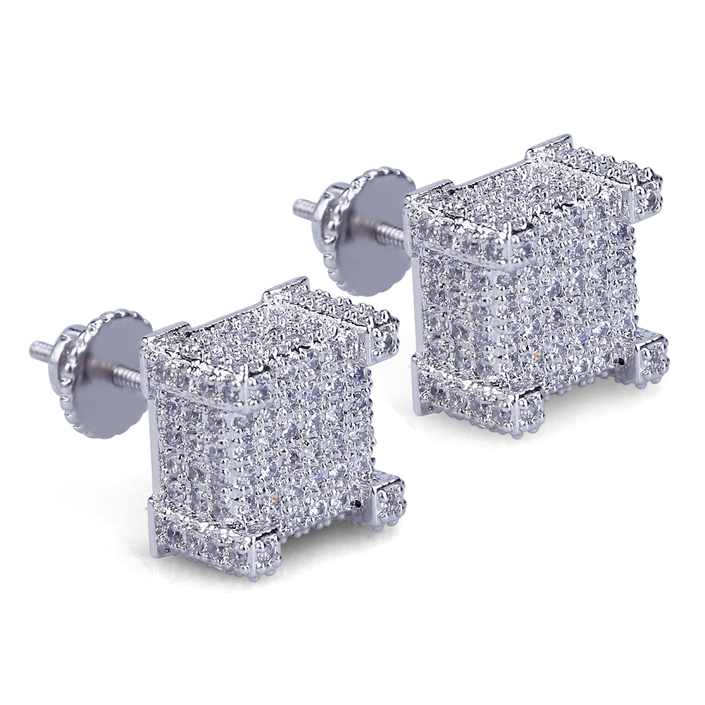 Hip Hop Screwback Stud Earrings Square White Zircon Dangle Earrings Gold Plated Vintage Geometric Jewelry Wholesale