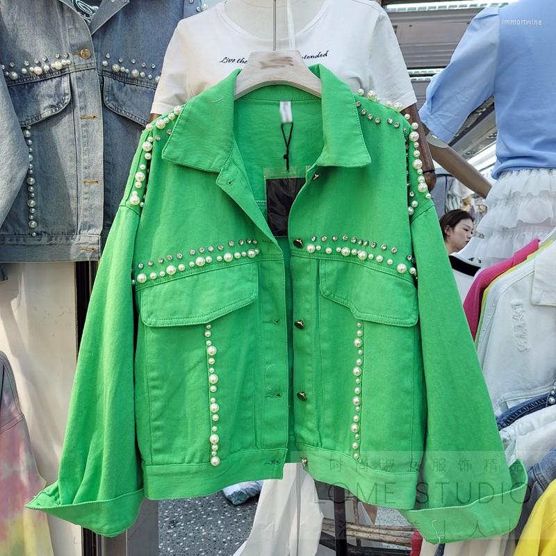 Women's Trench Coats Women Pearl Beaded Jean Jacket Green Color Turn Down Collar Nail Drilling Loose Style Denim Coat Korean Fashion
Women's Trench Coats Women Pearl Beaded Jean Jacket Green Color Turn Down Collar Nail Drilling Loose Style Denim Coat Korean Fashion