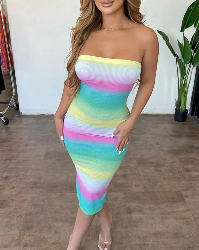 

Casual Dresses Women's Summer Dress 2022 Sexy Bandeau Slit Back Bodycon Maxi Sleeveless Skinny Random Print Female Clothing