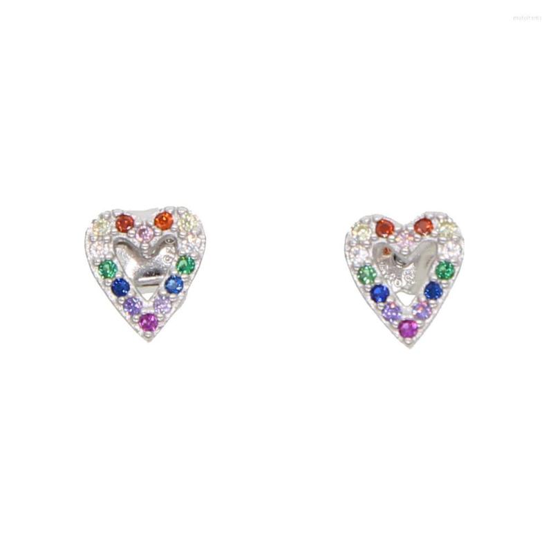 Stud Earrings Real 925 Sterling Silver Colorful Cz Paved Hollow Heart Earring For Girl Lover Gift Fine Jewelry
