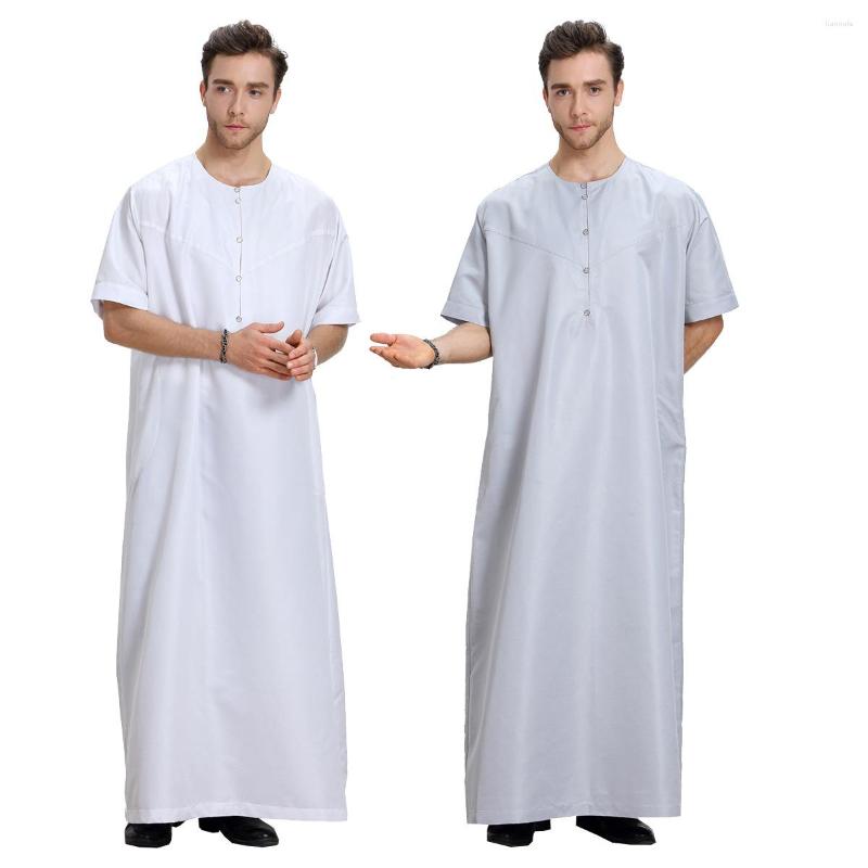 

Ethnic Clothing Kaftan Men Fashion Solid Color Short Sleeve Abaya Robe Muslim Middle East Dubai Islamic Arabic Prayer Eid Ramadan