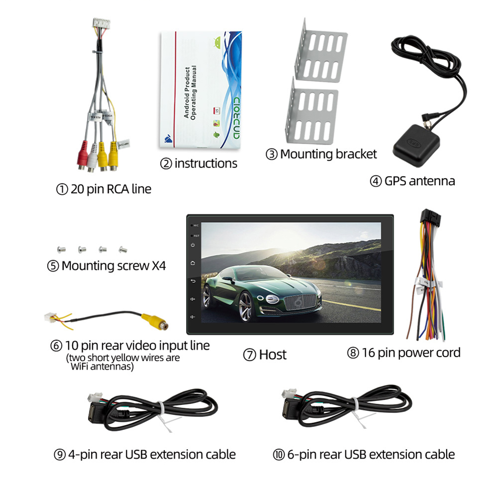 Double DIN Car Radio Head Unit Android 10.1 Quad Core Multimedia Video Player 2DIN GPS WiFi Bluetooth-compatible AUX Auto Stereo