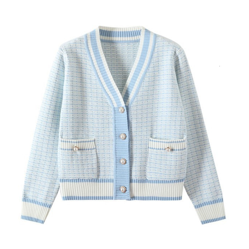 Women' Knits Tees Korean Fashion Plaid Short Cardigan V Neck Knitted Sweater Coat Female Autumn Winter Casual Vintag Knitwear 221207, Light blue
Women' Knits Tees Korean Fashion Plaid Short Cardigan V Neck Knitted Sweater Coat Female Autumn Winter Casual Vintag Knitwear 221207, Light blue