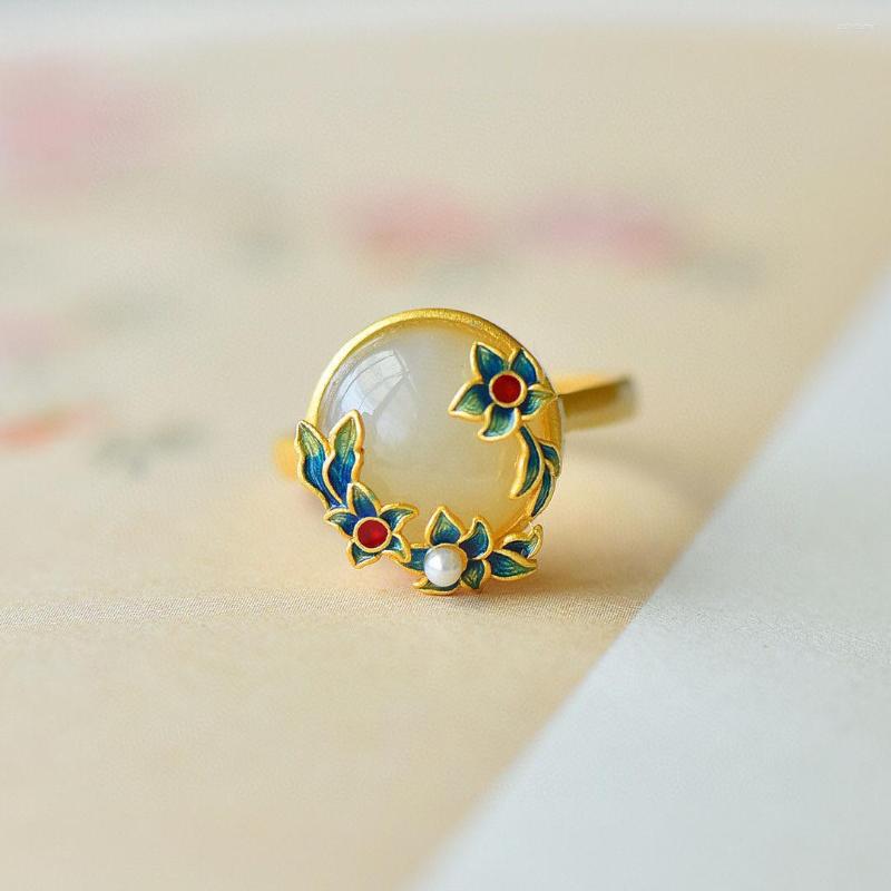 

Cluster Rings 925 Gold-plated Opening Inlaid Imitated Kan Jade Magnolia Flower Painted Retro Elegant Adjustable Ring For Women Jewelry Gift