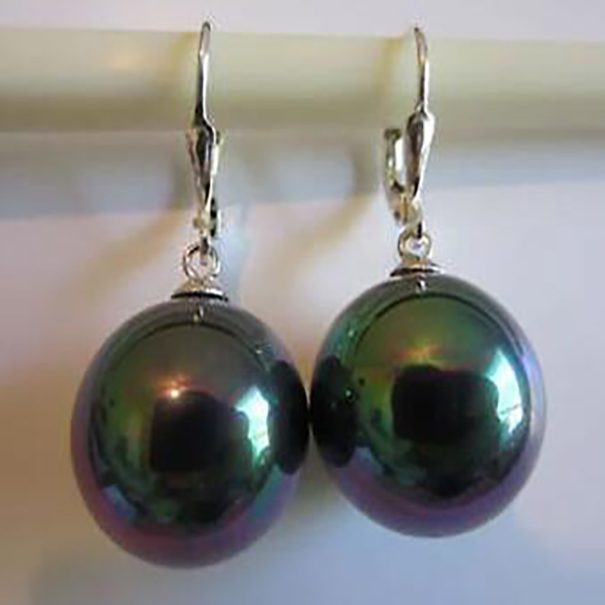 Fashion Jewelry 14mm BLACK Shell Pearl Dangle EARRINGS AAA