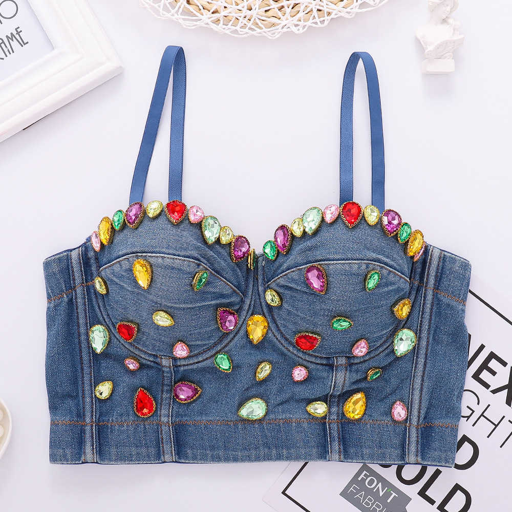 style star online red stage body shaping clothes color diamond denim suspenders women's navel exposed bodice, Denim 1
style star online red stage body shaping clothes color diamond denim suspenders women's navel exposed bodice, Denim 1