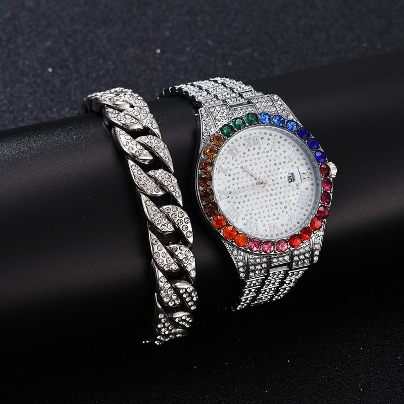 Wristwatches Watch With Bracelet For Men Cuban Chain Iced Out Luxury Hip Hop Colourful Set Religio Masculino, Gold
Wristwatches Watch With Bracelet For Men Cuban Chain Iced Out Luxury Hip Hop Colourful Set Religio Masculino, Gold