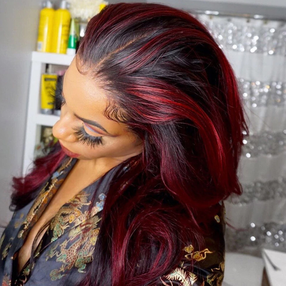 Free shipping Highlight Transparent Frontal 200% Density Brazilian Wavy 13X4 Lace Front Human Hair Wigs Red Colored Synthetic