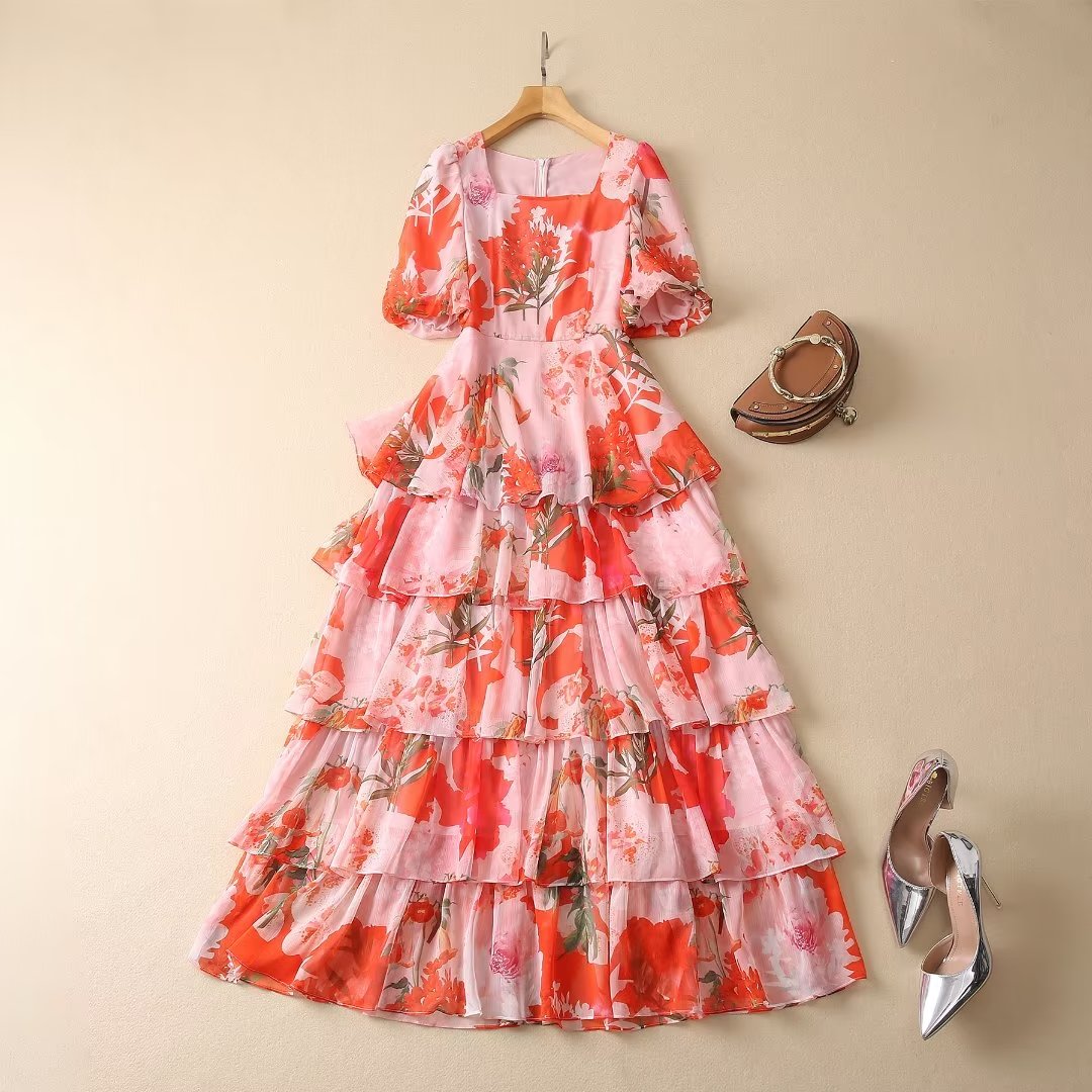 Dress light mature style elegant temperament 2023 spring summer new style short sleeve printing square neck multi-layer cake waist large swing skirt, Customize
Dress light mature style elegant temperament 2023 spring summer new style short sleeve printing square neck multi-layer cake waist large swing skirt, Customize