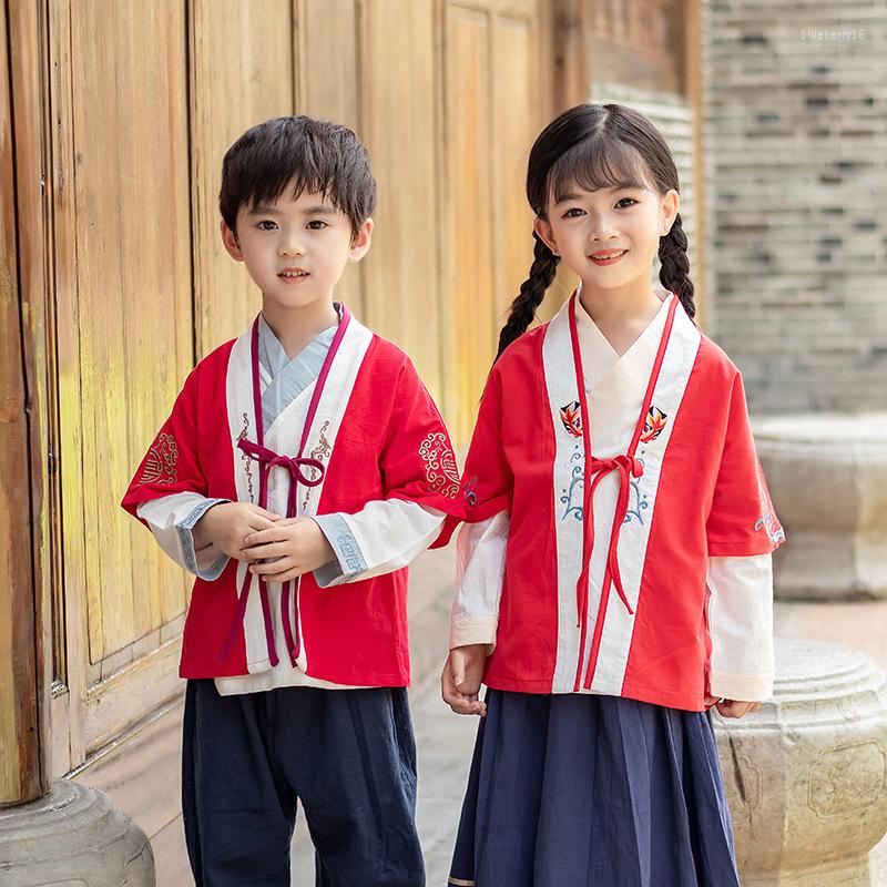 Ethnic Clothing Boys Girls Red Blue Tang Suit Kids Chinese Style Embroidery Hanfu Tops Pants Skirts Children Oriental Set Stage Costume
Ethnic Clothing Boys Girls Red Blue Tang Suit Kids Chinese Style Embroidery Hanfu Tops Pants Skirts Children Oriental Set Stage Costume