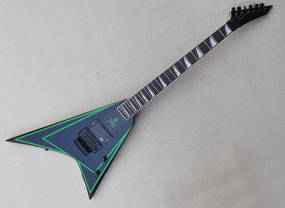 Black V shaped electric guitar with green stripe Rosewood fretboard Floyd rose offering customized services
Black V shaped electric guitar with green stripe Rosewood fretboard Floyd rose offering customized services