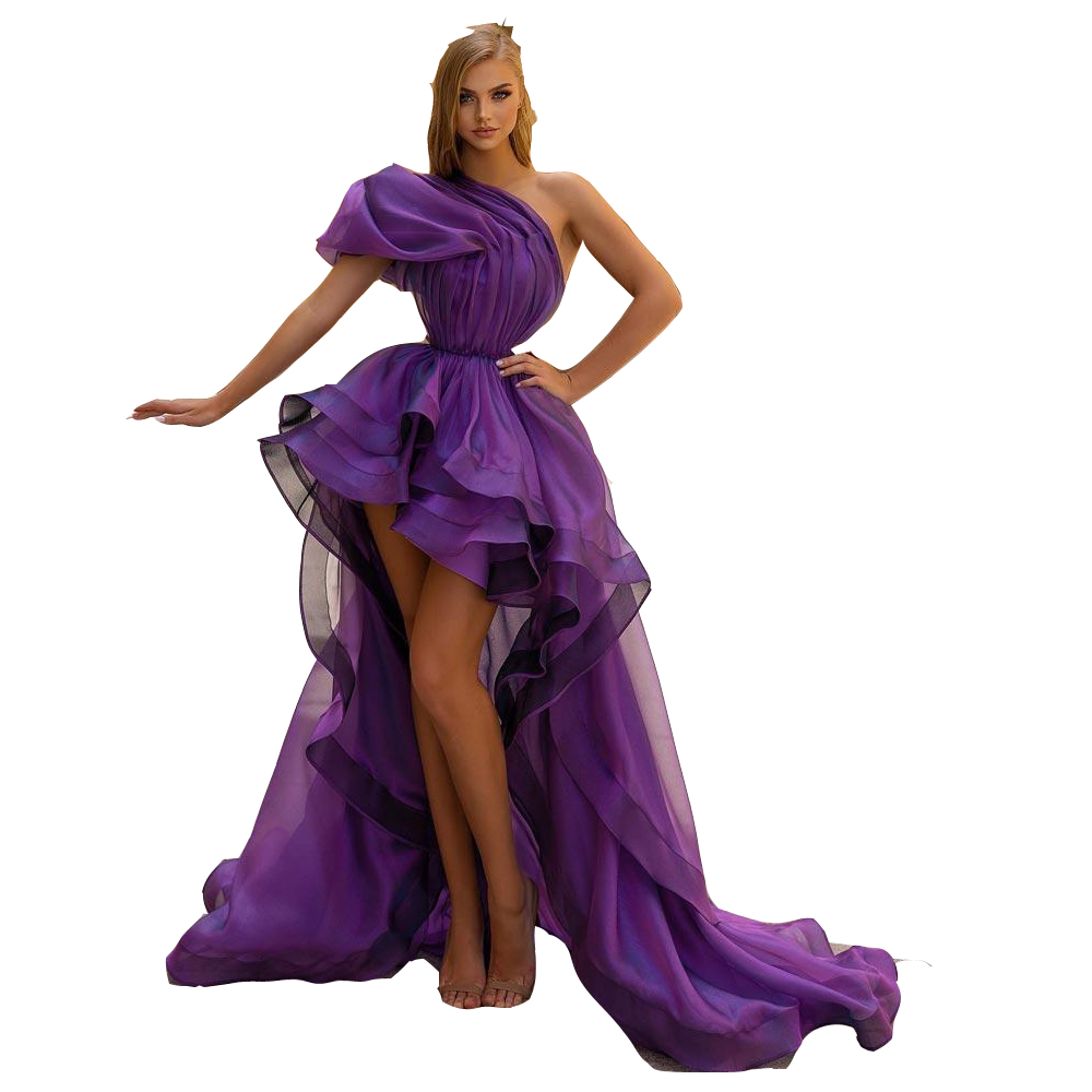Sexy Arabic Prom Dresses Simple Purple One Shoulder Cap Sleeves Ruffles Evening Dress Wear Short Hi Lo Length Formal Party Gowns 403 6660311