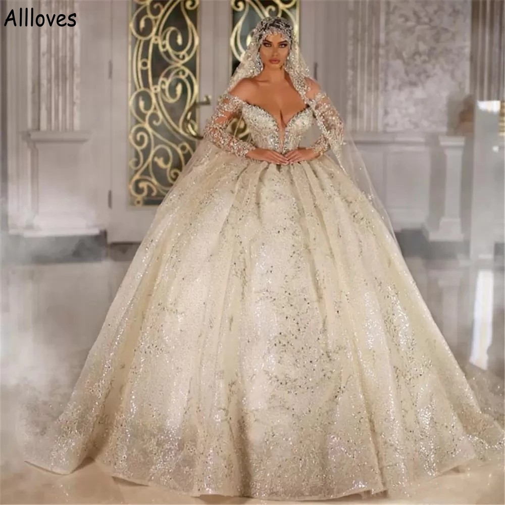 Arabia Morrankan Princess Dubai Ball Gown Wedding Dresses Sexy Off The Shoulder Long Sleeves Formal Bridal Gowns Crystals Sequined Vestidos De Novia V