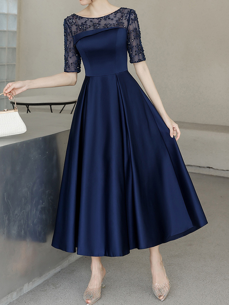 Navy Blue Mother of the Bride Dress Ankle Length Party Dresses Satin with Tulle Half Sleeves Zipper Back
Navy Blue Mother of the Bride Dress Ankle Length Party Dresses Satin with Tulle Half Sleeves Zipper Back