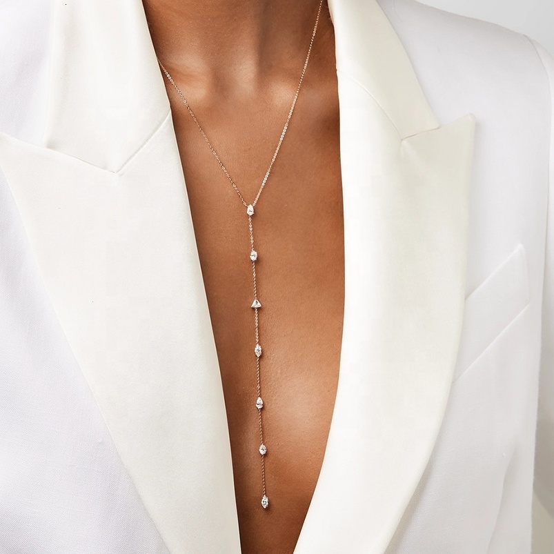 Chokers 100% 925 Sterling Silver Rose Gold 3 Colors Geometric Various Shaped Small CZ Stone Sexy Long Y Lariat Necklace For Women 221207