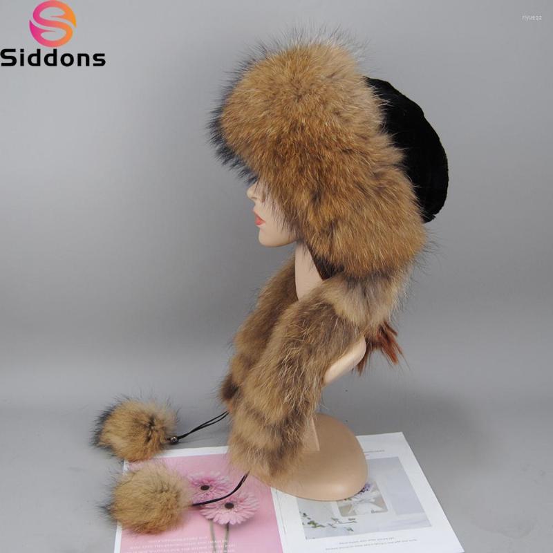 

Berets Real Fur Hat Female Pompom Beanie Natural Raccoon Cap Rex Top Fall Beanies For Women Winter Bonnets, Black