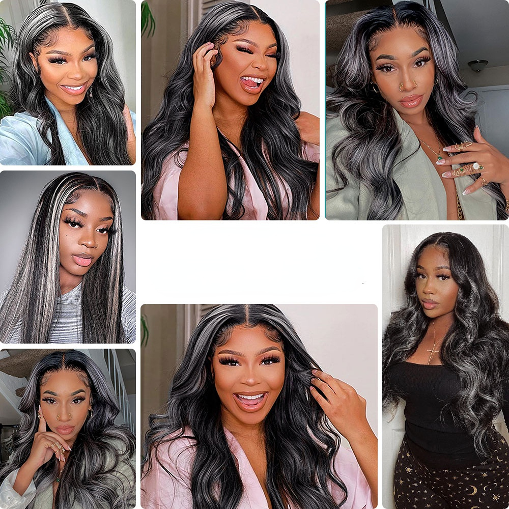 Pervian Hair Highlight Wigs For Women Colored Silver Grey Straight Body Wave Lace Frontal Wig HD Transparent Synthetic Lace Wigs