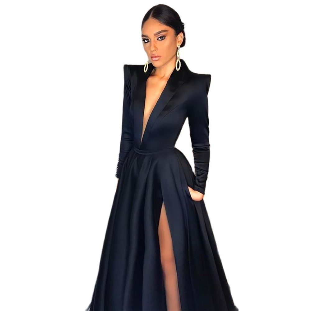 Simple Black Long Meramid Evening Dresses 2023 Side Split V-neck Long Sleeves Formal Prom Arabic Dubai Party Gowns, Gold
Simple Black Long Meramid Evening Dresses 2023 Side Split V-neck Long Sleeves Formal Prom Arabic Dubai Party Gowns, Gold