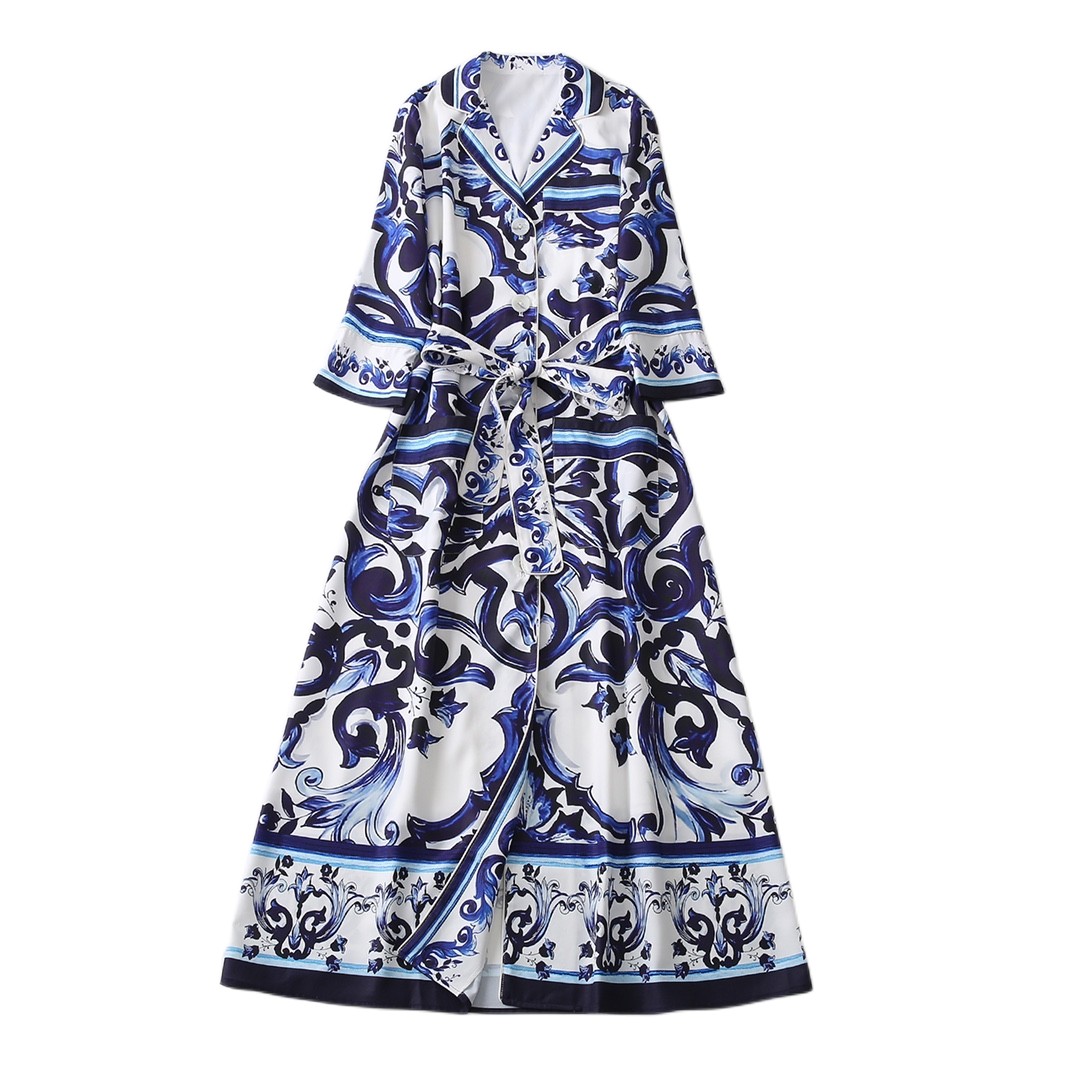Vintage Blue and White Porcelain Temperament Relaxed Waist Belt Pocket Middle Sleeve Single breasted Shirt Long Dress, Customize
Vintage Blue and White Porcelain Temperament Relaxed Waist Belt Pocket Middle Sleeve Single breasted Shirt Long Dress, Customize
